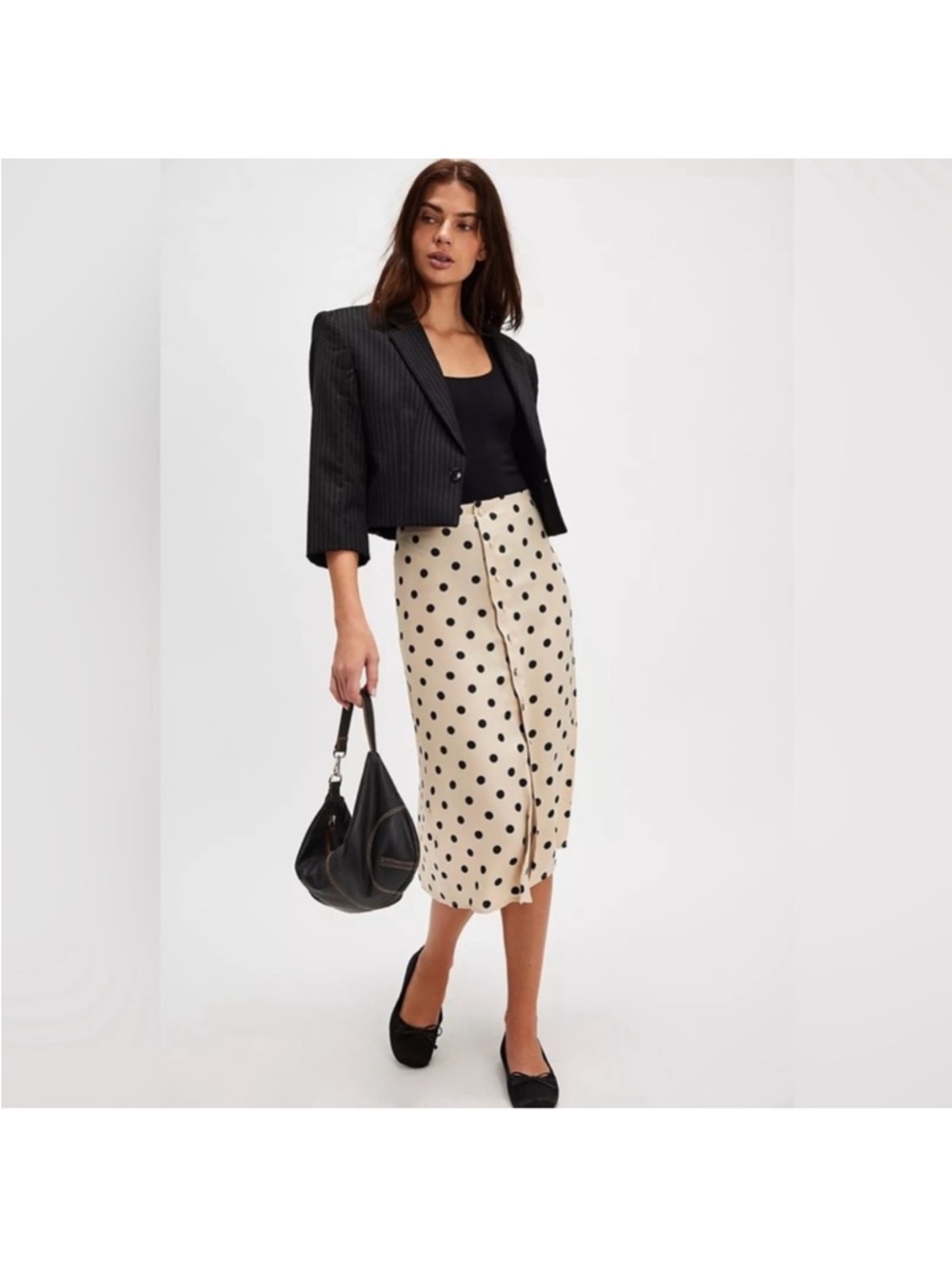 NWT Free People Cream Midi Skirt with Black Polka Dots